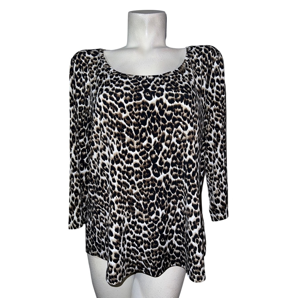 Chicos Leopard Print 3/4 Sleeve Scoop Neck Top Brown Black Tan Size (3) XL Shirt